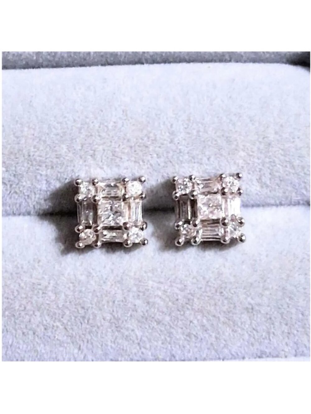 10K White Gold Natural Princess, Baguette, Round Diamond Studs W/ 18k Back 7.6mm